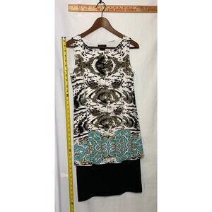 Eva Varro Sleeveless Mixed Print Sheath Dress Black White Teal Small Made in USA